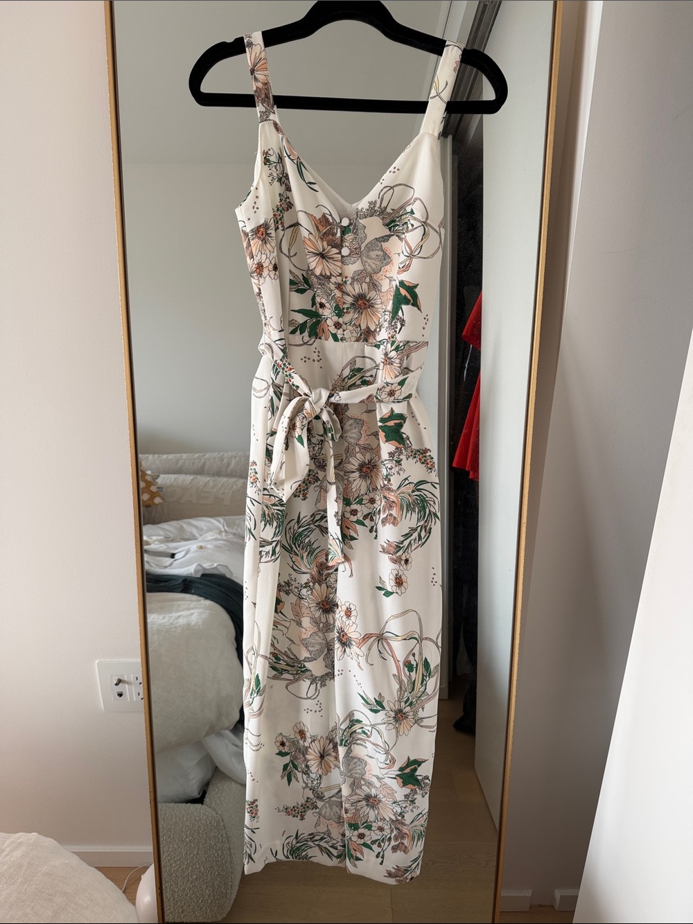 Aritzia Cream Floral Sleeveless Jumpsuit with Tie Waist